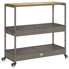 Udorich Versatile 3-Tier Bar Cart for Home and Outdoor Use, Durable Acacia Wood Top, Gray Rattan Finish, Easy Mobility with Rolling Casters