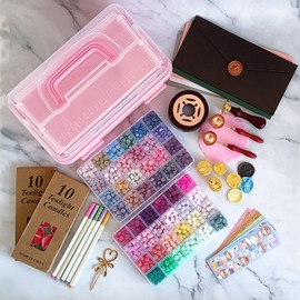 Upgraded Wax Seal Stamp Kit,Wax Seal Kit with Storage Box,48 Color 1200 Pcs Sealing Beads with 4 Pcs Seal Stamps,Warmer,Spoon,Envelopes, Candles, Metallic Pen for Wedding Invitation,DIY Crafts
