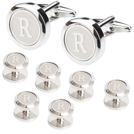 Dannyshi Mens Cufflinks and Studs Tuxedo Shirts Business Wedding Initials Alphabet A-Z Gift Set (R)