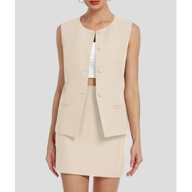 Casly Lamiit Two Piece Blazer Outfits for Women Summer Vest Suits Set Skirt with Shorts Skort Button Down Business Dressy Casual Wear Beige S