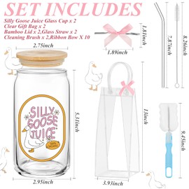 Yetene Set of 2 Silly Goose Juice Glass Cup with Clear Gift Bag Bow Coquette Glass Tumbler with Straw and Lid DIY Bow 16 oz Funny Iced Coffee Tumbler for Easter Birthday Gift