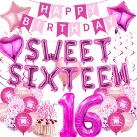 16. Sweet Knallrosa Deko Set - 41 Pcs Geburtstag MäDchen Party Deko Set mit Ballons Banner Hängender Spin Konfetti Tortendeko Geburtstag Leuchtendes Rosa Für Frauen & MäDchen