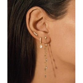 HEVOCY Gold Earrings Stack for Women: 14K Gold Plated Dainty Bar Stud Huggie Hoop Earrings Bezel Set Front Back Chain Earrings Set Hypoallergenic Lightweight Dangle Earrings for Wedding Prom