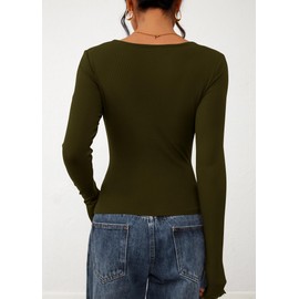 KIRUNDO Going Out Tops for Women Boat Neck Long Sleeve Ribbed Knit Fitted Shirts Exposed Seams Basic Tee Fashion Clothing(Army Green, Medium)