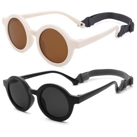 GLARDEFE Polarized Baby Sunglasses with Strap - Unbreakable Infant Sunglasses for Newborn Toddler Boys Girls Age 0-12 Months(Matte White/Brown + Matte Black/Grey)