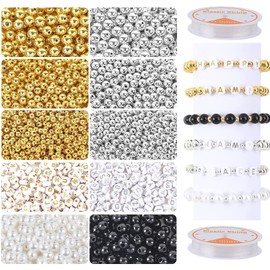 Pack of 1800 Beads for Bracelets, 4 mm/6 mm/8 mm Metal Spacer Beads with Letter Beads, Beads for Threading Adults, for Jewellery Making, Accessories, DIY Bracelet, Necklace (Black, Gold, Silver)
