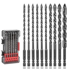 REKCKRUL Upgraded Premium Masonry Drill Bit Set 6" (152mm) Length – (3/16"-1/2") 10-Piece Professional Serrated Carbide Tip Drill Bits for Concrete, Brick, Tile, Glass, Ceramic, Stone, Wood & Plastic