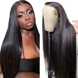 Hxxcoup Human Hair Wig Straight Natural Black 13x4 Lace Front Echthaar Perücke Schwarz Perücke Damen Glueless Wear and Go Blenched Knots with Baby Hair for Woman No Smell 34 Zoll