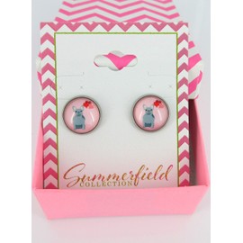 Summerfield Collection Stainless Steel Pink Gray French Bulldog Hearts Print Glass Stud Earrings 12mm
