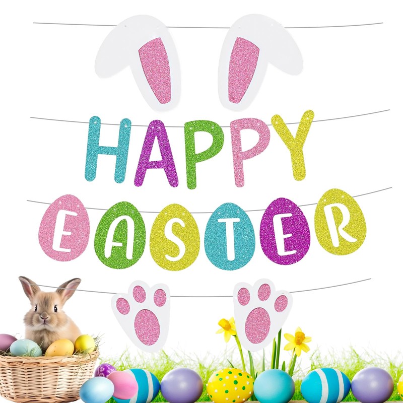 Happy Easter Bunny Banner with Bunny Paw Ears and Eggs