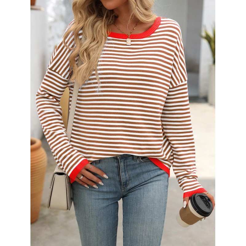 Famulily Crew Neck Striped Pullover for Women Colour Block Long