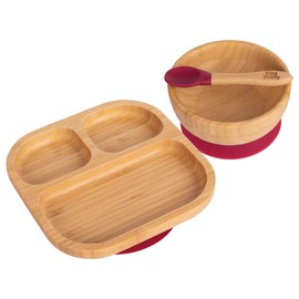 Tiny Dining Baby Dinner Set - Segmented - Red - 3pc - Divided Non-Slip Bamboo Self-Feeding Baby Weaning Plate, Bowl & Spoon for Babies, Toddlers, Children