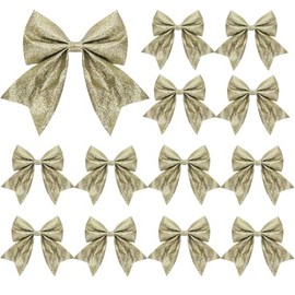 12Pcs Glitter Bows for Christmas Tree Decoration, 5.9Inch Christmas Decorative Bows, Xmas Tree Bows Bowknot Ornaments for Wreaths,Garland,Xmas Tree Decor (Champagne)