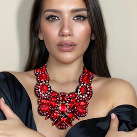 Flyonce Ruby Color Rhinestone Crystal Bib Chunky Collar Statement Necklace for Women Costume Jewelry