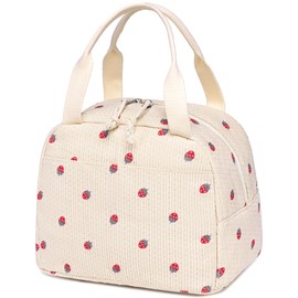 LEDAOU Insulated Lunch Box Women Reusable Lunch Bag Cord Lunch Tote Handbags Leakproof Thermal Cooler Lunch Case Large Capacity Lunch Box (Corduroy Strawberry Beige)