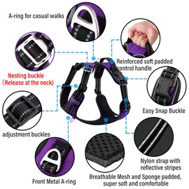 Plutus Pet No Pull Dog Harness, Release at Neck, Adjustable Reflective No-Choke Dog Vest Harness, Soft Padded with Easy Control Handle, for Small Medium Large Dogs (XL, Purple)