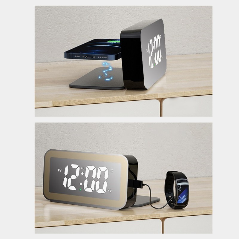 Wireless Charging Alarm Clock USB Reverse Charging LED Large Screen