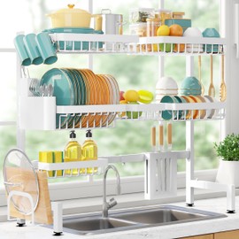 Sakugi Over The Sink Dish Drying Rack - Adjustable 3 Tier XX-Large Capacity Stainless Steel Drainer with Cutlery & Utensil Holders, Kitchen Storage & Organization, 31.5"-39.5"L x 12"W x 30.5"H, White