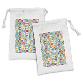 Ambesonne Quatrefoil Fabric Pouch Set of 2, Clover Leaves Barb Style Clover Lattice Boho Colorful Themed, Small Drawstring Bag for Toiletries Masks and Favors, 9" x 6", Red Turquoise Yellow