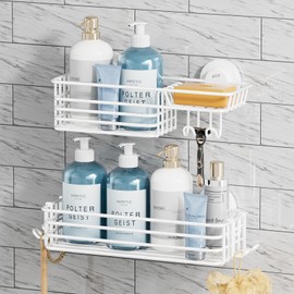 TAILI Shower Caddy, Suction Cup with Hooks and Soap Holder, Heavy Duty Bathroom Organiser, No Drilling Required, Bathroom Shelves for Interior Wall Mounting, Kitchen Accessories, White
