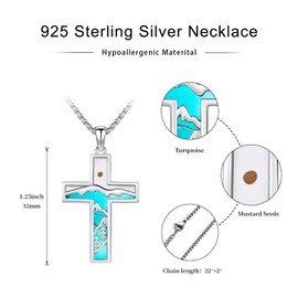 Midir&Etain Mustard Seed Cross Necklace 925 Sterling Silver Turquoise Christian Faith Pendant Religious Christian Mountain Jewelry Gifts for Women Men