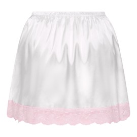 Satini Frilly Lace Sissy Ruffled Silky Satin Half Slip Petticoat Dolly Skirt (White, M)