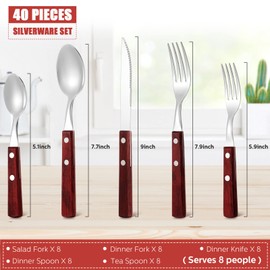 40 Pcs Wooden Handle Silverware Cutlery Set Walnut Handle 18/8 (304) Stainless Steel Cutlery Set Wooden Handle Knife Fork Spoon Reusable Utensils Serves for 8 (Mahogany Color)