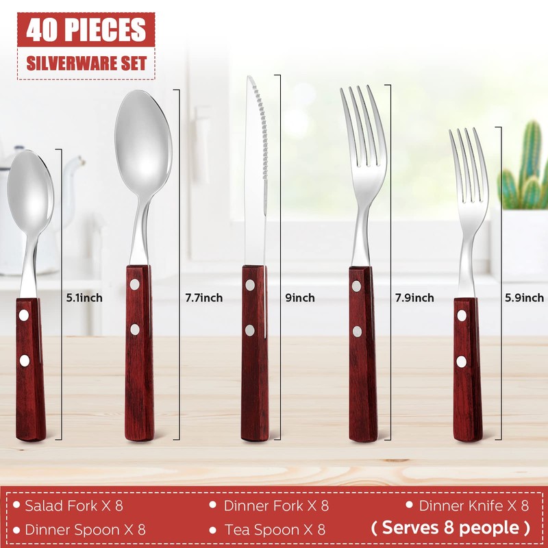 40 Pcs Wooden Handle Silverware Cutlery Set Walnut Handle 18/8