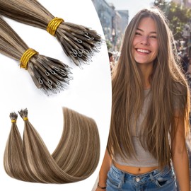 S-noilite Nano Hair Extensions Real Human Hair Medium Brown/Dark Blonde - Nano Beads Hair Extensions 50 Strands 35g I Tip Cold Fusion 22 Inch Invisible Nano Ring
