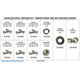 Stainless Steel Tamper Proof 1/4"-20 One Way Machine Screw Kit with Nuts and Washers - 451 Pieces
