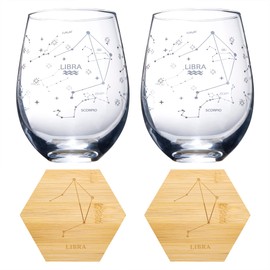 The Wine Savant Set of 2 Zodiac Sign Wine Glasses with 2 Wooden Coasters Astrology Drinking Glass Set with Etched Constellation Tumblers for Juice, Water Home Bar Horoscope Gifts 18oz (Libra)
