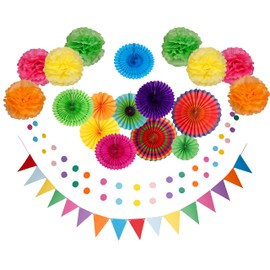 21 Pcs Party Decoration Set, Paper Fans, Pom-Poms Banners for Birthdays, Anniversaries, & Celebrations (Happy)