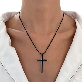Aneneiceera Punk Black Cross Necklace Choker Gothic Black Leather Cross Crucifix Pendant Necklace Braided Wax Rope Chain Strap Necklace Black Tone Bible Crucifix Necklace Charm for Women and Girls