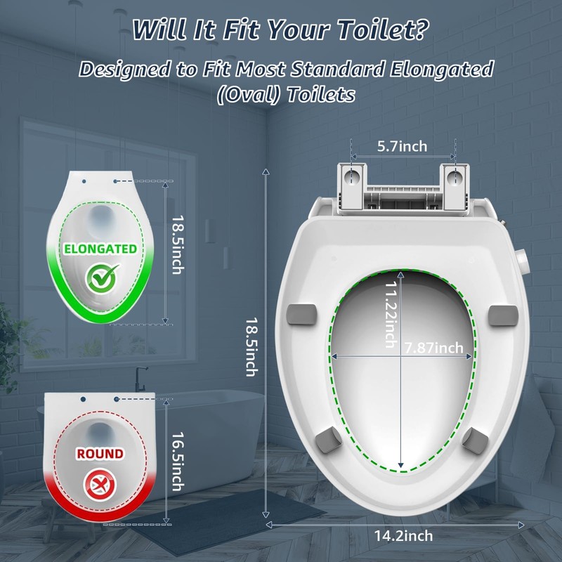 Raised Bidet Toilet Seat Elongated 18.5" – Soft Close, Dual