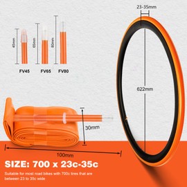 TINGSING Bicycle Inner Tubes, Ultralight 700c x 23-35c TPU Inner Tube with Anti Puncture 45mm Presta Valve for Racing Gravel Hybrid Bike Orange