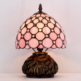 WERFACTORY Small Tiffany Lamp Desk Pink Stained Glass Pearl Bead Mushroom Table Lamp Bronze Mini Accent Lamp W8H11 Inch S005P Series