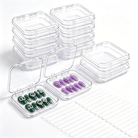 12 cajas de almacenamiento de uñas acrílicas transparentes a presión con 30 cintas adhesivas de doble cara, organizador de uñas postizas transparente para salón de uñas, hogar, viajes y