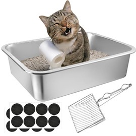Lainballow Stainless Steel Cat Litter Box, 16 x 12 x 4 Large Litter Box, Non Stick Kitty Litter Pan with Metal Litter Scoop and Anti Slip Stickers for Kitten, Guinea Pig and Rabbit