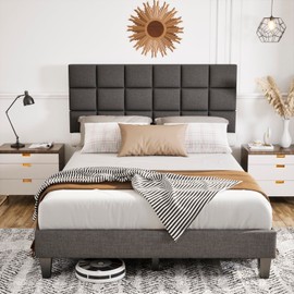 BedsPick Full Bed Frame with Modern Geometric Linen Upholstered Adjustable Headboard, Platform Bed Frame with Heavy Duty Feets, Space-Saving Under-Bed Storage, Easy Assembly, Grey