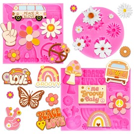 Whaline 3Pcs Groovy Boho Fondant Molds Groovy Hippie 3D Silicone Moulds Daisy Boho Rainbow Pattern Resin Molds Peace & Love Cupcake Cookie Baking Decorating Moulds for Spring Summer Party DIY Candy