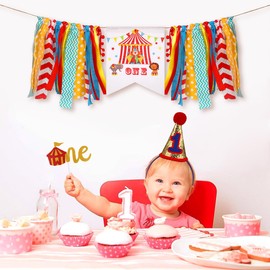 Amosfun 3 Pcs Circus Carnival Theme First Birthday Decorations, Colorful High Chair Banner, Cake Flag, Hat, Party Supplies, Multi-Color, 98.42 X 8.26 X 6.69 Inches