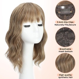 TYQ Hair Toppers for Women with Thinning Hair 14 Inch, 360° 3D Synthetic Curly Wavy Wispy Clip in Bangs（10/260）