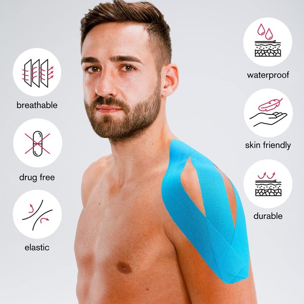 Kintex Pre-Cut Strips Kinesiology Theraputic Tape | Incredible Support for Athletic Sports and Recovery (20 Pack, 10", Blue)