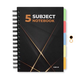 VABE UK A5 Subject Notebook/Project Book with 5 Dividers - 300 Pages lined Notebook (150 sheets) - 100gsm Paper - Thick Matte Laminated Cover - a5 note pad - a5 Subject Book (1, Black)