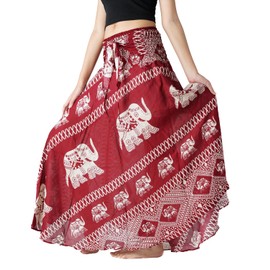 Long Skirts for Women Maxi Boho Skirt Hippie Clothes Bohemian Print (Red Elephant, One Size)