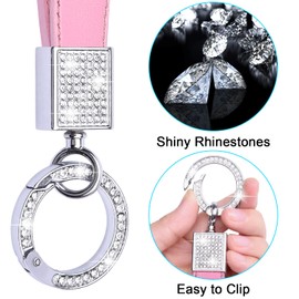 Wisdompro Bling Leather Car Keychain, Universal Genuine Leather Key FOB Keychain Key Chain Holder Accessories with Sparkly Rhinestones, Anti-lost D-ring and 2 Key Rings for Men and Women - Pink