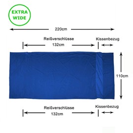 BROWINT Lnlay Sleeping Bag with Double Zip and Pillow Compartment, 220 cm x 110 cm Extra Wide Sleeping Bag for Hostels, Lnlay Lightweight, Compact and Breathable