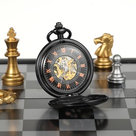 TREEWETO Mechanical Skeleton Pocket Watch Lucky Phoenix & Dragon Hollow Case with Chain + Gift Box