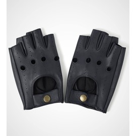 YISEVEN Men's Motorcycle Driving Fingerless Leather Gloves Unlined Classic Soft Sheepskin 1/2 Half Finger Button Punk Cycling Fitness Touchscreen Texting Warm Winter Dress, Navy Blue 9.5"/Large