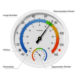 Indoor Outdoor Thermo-Hygrometer, 10 Inch Battery-Free, Dual Dial Large Numbers Analog Wall Thermometer Hygrometer, Classic Temperature Humidity Monitor for Patio, Nursery, Storage (White)